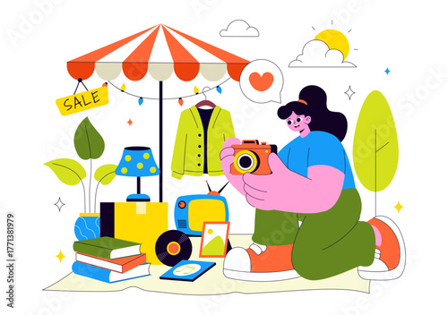 Flea Market Vector Illustration Featuring a Secondhand Shop with Shoppers, Swap Meets, Sellers, and Customers at a Weekend Market in the City