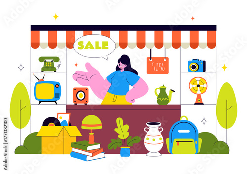 Flea Market Vector Illustration Featuring a Secondhand Shop with Shoppers, Swap Meets, Sellers, and Customers at a Weekend Market in the City