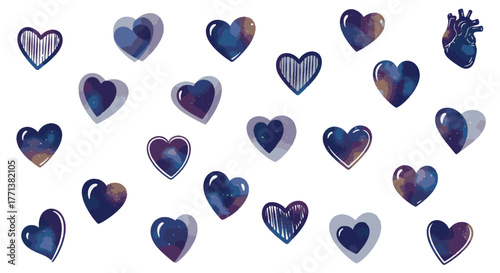 An artistic collection of blue and purple hearts, ranging from symbolic to anatomical, representing diverse expressions of affection and vitality on a clean background