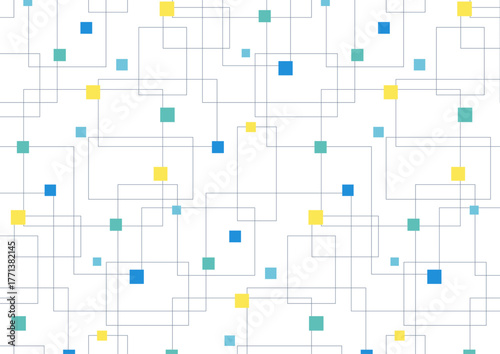 シンプルで幾何学的な線画とカラフル四角形のシームレス背景