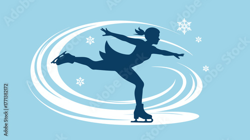 Silhouette of a figure skater performing a spiral with snowflakes and wind swirls around her figure