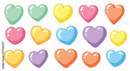 A charming collection of delightful pastel-colored glossy hearts, resembling sweet candy or jelly, perfect for love, romance, and decorative designs