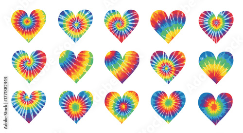 Collection of beautiful tie-dye hearts, each showcasing unique colorful swirling patterns, symbolizing love, peace, and happiness
