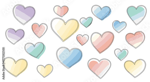 A charming collection of delicate pastel watercolor hearts, gently scattered across a clean white background, symbolizing love, affection, and tender emotions in a dreamy artistic style
