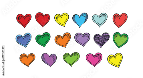 Whimsical array of colorful, hand-drawn heart illustrations, ideal for expressing love, joy, and heartfelt emotions