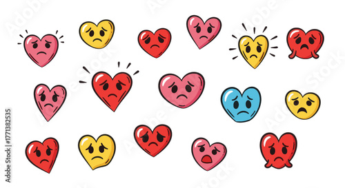 Colorful collection of sad and unhappy doodle hearts, each depicting distinct emotional expressions, symbolizing distress and sorrow