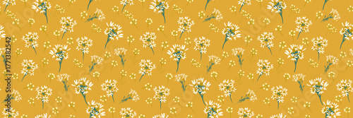 Seamless vector floral pattern with white and yellow wildflowers on a warm mustard background. Elegant botanical design for fabric, wallpaper, wrapping, decor