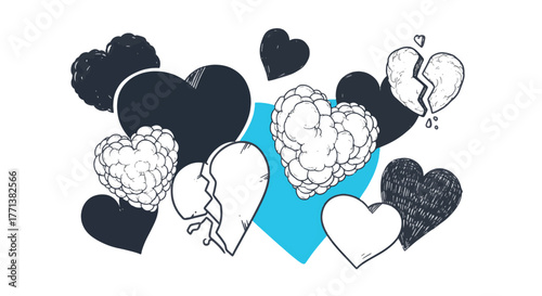 Graphic representation of various hearts, showcasing whole, broken, textured, and simple designs symbolizing human emotions