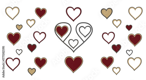 Elegant graphic design featuring an array of stylized hearts in warm festive colors, perfect for themes of love, romance, and celebration