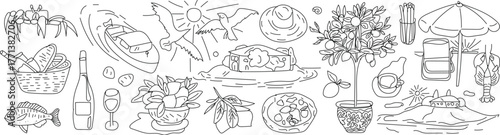 Italian amalfi coast summer vacation doodle illustrations Charming doodle-style illustrations capturing the essence of an Italian Amalfi Coast summer vacation with iconic landmarks and coastal scenes.