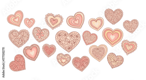 A vibrant compilation of intricately patterned pink and red hearts, symbolizing love, affection, and romantic celebration, perfect for decorative designs