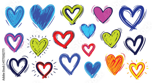 An energetic collection of diverse hand-sketched hearts, radiating feelings of love, affection, and artistic joy
