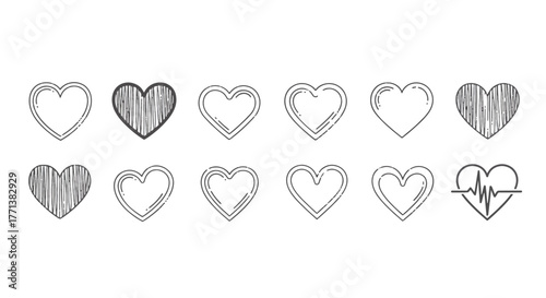 Diverse collection of hand-drawn heart line art vector icons, perfect for expressing love, health, and emotional connections with a doodle aesthetic