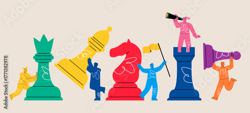 Set of people with chess. Concept of tactics and teamwork. Colorful vector illustration