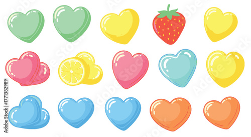 Charming collection of vibrant, glossy heart-shaped candies and fruit jellies, a delightful vector illustration for sweet concepts