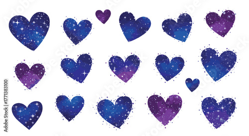 Enchanting set of cosmic watercolor hearts, blending celestial blues and purples with stardust, symbolizing boundless love and dreams