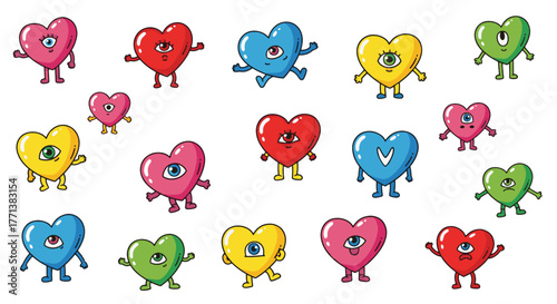 Vibrant collection of whimsical cartoon hearts with googly eyes and legs, expressing playful emotions and quirky charm