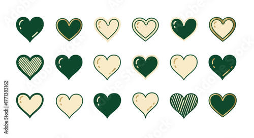 Varied Hearts Collection: A diverse compilation of hearts, each uniquely designed, reflecting the multifaceted nature of emotions and affection, symbolizing love, passion, and care.