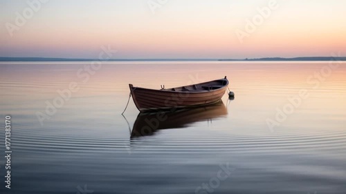 Tranquil Wooden Boat Floating on Calm Water at Sunset with Reflections