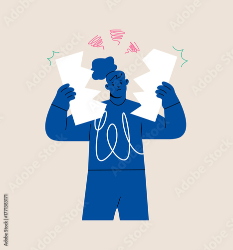 Woman tearing up papers. Colorful vector illustration