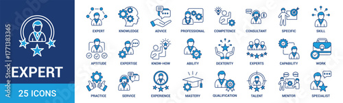 Expert icon set. Containing advice, competence, expertise, knowledge, skill, specialist, experience and more. Blue vector icons collection.