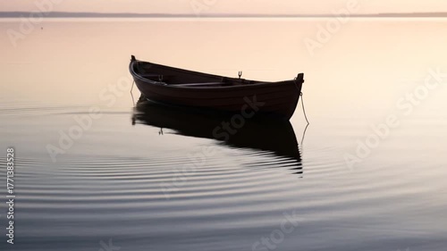 Tranquil Rowboat Floating on Calm Water with Reflections at Sunset