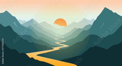 Minimalist mountain landscape illustration with golden river and rising sun