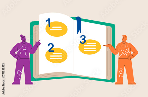 Woman and Man with manual book or guide instruction for user. Colorful vector illustration