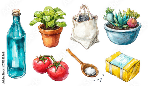 Colorful Illustration of Isolated Kitchen Ingredients and Plants on Transparent Background
