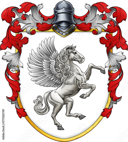 A Pegasus coat of arms or crest family heraldry medieval heraldic knight shield with helmet and acanthus filigree scroll ornament in a vintage woodcut style.