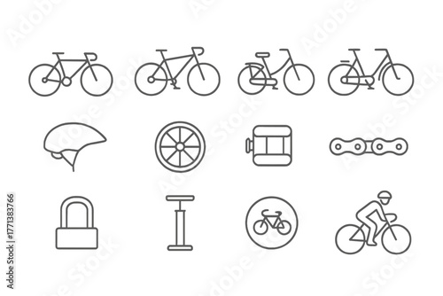 Cycling icons set in line style on grid layout