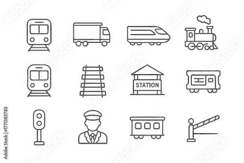 Trains and Railways Line Icons Set