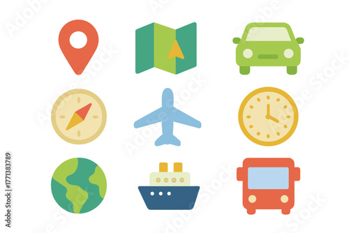 Travel and Transportation Flat Icons Set in Grid Layout