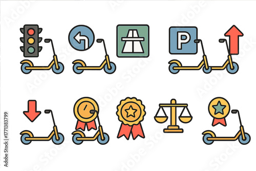 Scooter and Symbol Icons Set in Flat Design Style