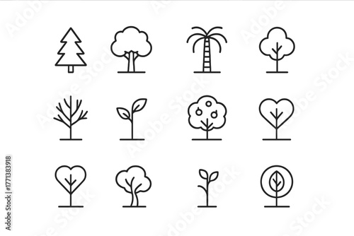 Tree icons set in simple line style on white background
