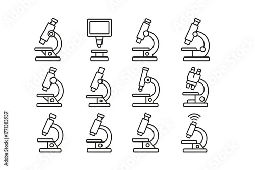 Microscope line art icons set, minimalist outlined style