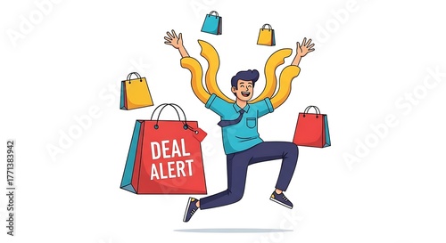 Excited man jumps with joy surrounded by shopping bags, one clearly marked with a 