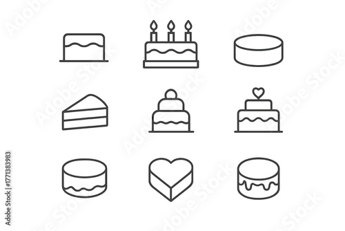 Set of Minimalist Line Art Cake Icons in Grid