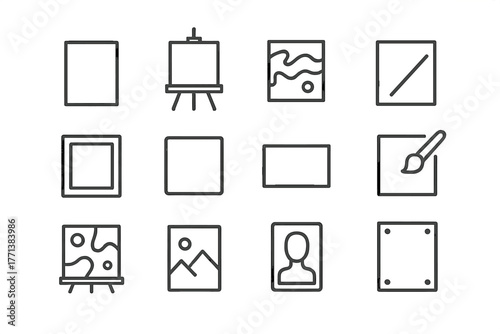 Art-related line icons set with canvas, easel, paintbrush in minimalist style