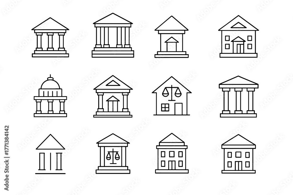 Fototapeta premium Collection of Twelve Black and White Line Drawings of Building Icons