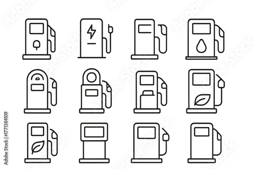 Fuel Pump and Charging Station Line Icons Set