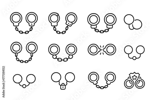 Handcuff icons set in simple black outline style, 12 variations in grid pattern