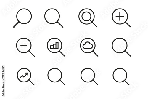 Set of 12 Minimalist Magnifying Glass Icons in Black Line Style