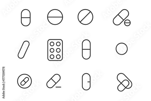 Medication and Pill Minimalistic Icons Set in Line Style