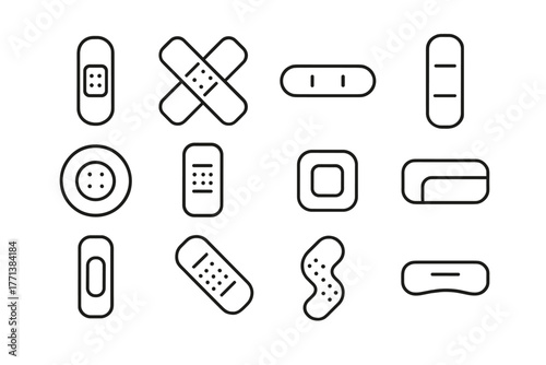 Set of Twelve Adhesive Bandage Icons in Line Style
