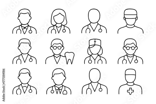 Medical Professionals Outlined Icons Set in Line Style