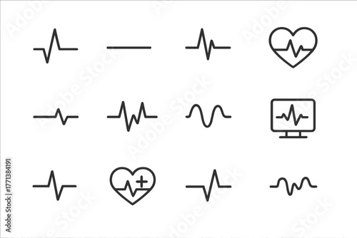 Medical and Heartbeat Icons Set in Simple Line Style