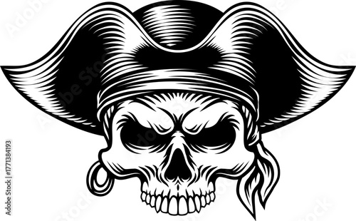 A pirate skull in a captain hat skeleton vintage woodcut style design