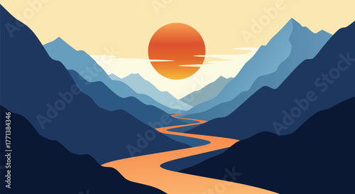 Serene Mountain Landscape at Sunset Minimalist Vector Graphic Design Illustration