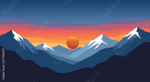 Majestic Mountains Landscape Scene with Vibrant Sunset Horizon